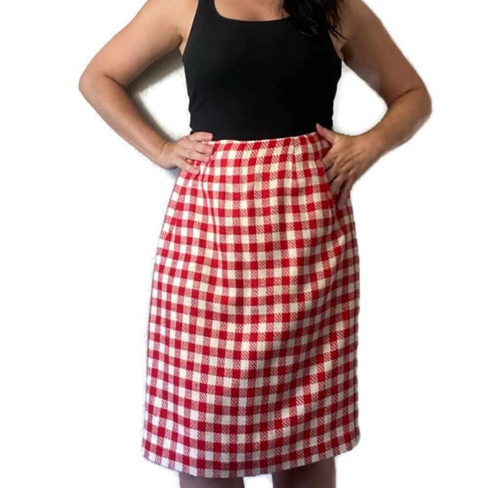 Vintage 80s Liz Claiborne Red Plaid Midi Skirt with Pockets Size 6